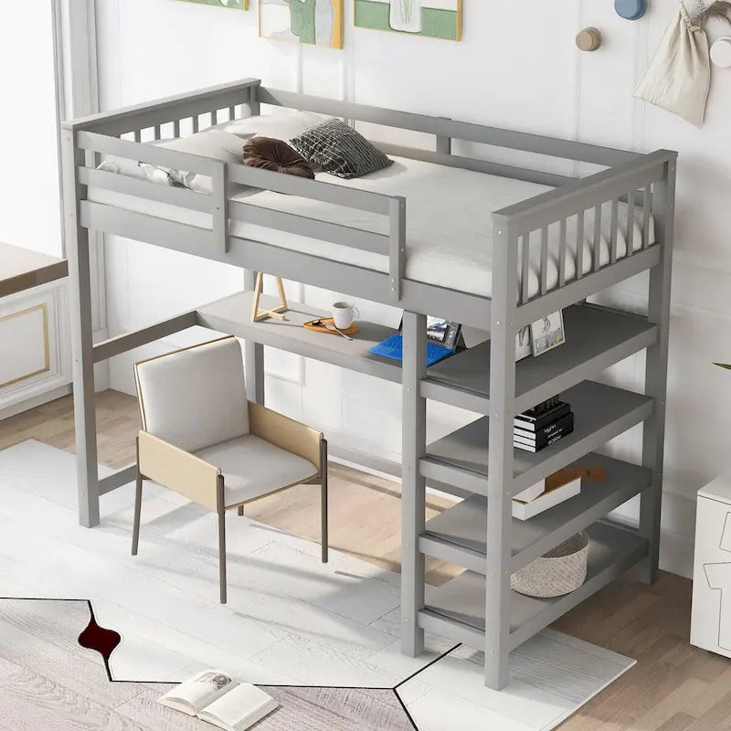 Lit mezzanine en pin, taille jumeau, avec étagères de rangement et bureau intégré.