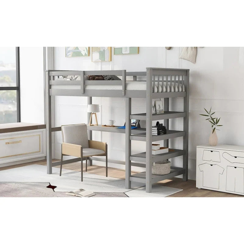 Lit mezzanine en pin, taille jumeau, avec étagères de rangement et bureau intégré.