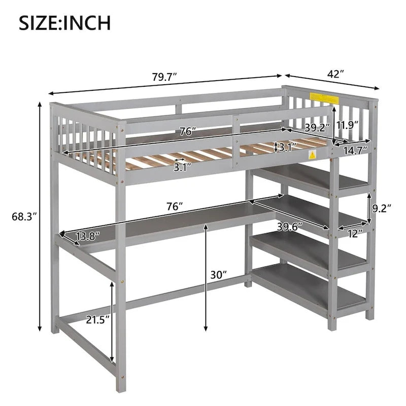 Lit mezzanine en pin, taille jumeau, avec étagères de rangement et bureau intégré.