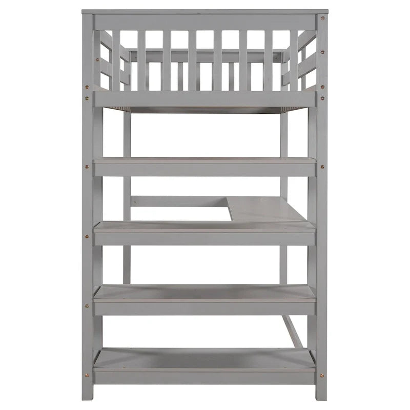Lit mezzanine en pin, taille jumeau, avec étagères de rangement et bureau intégré.