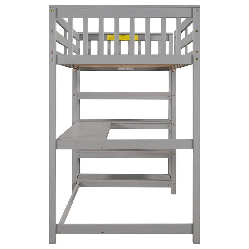Lit mezzanine en pin, taille jumeau, avec étagères de rangement et bureau intégré.