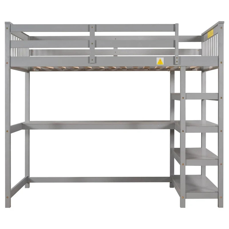 Lit mezzanine en pin, taille jumeau, avec étagères de rangement et bureau intégré.