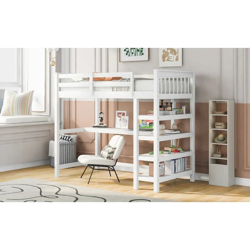Lit mezzanine en pin, taille jumeau, avec étagères de rangement et bureau intégré.