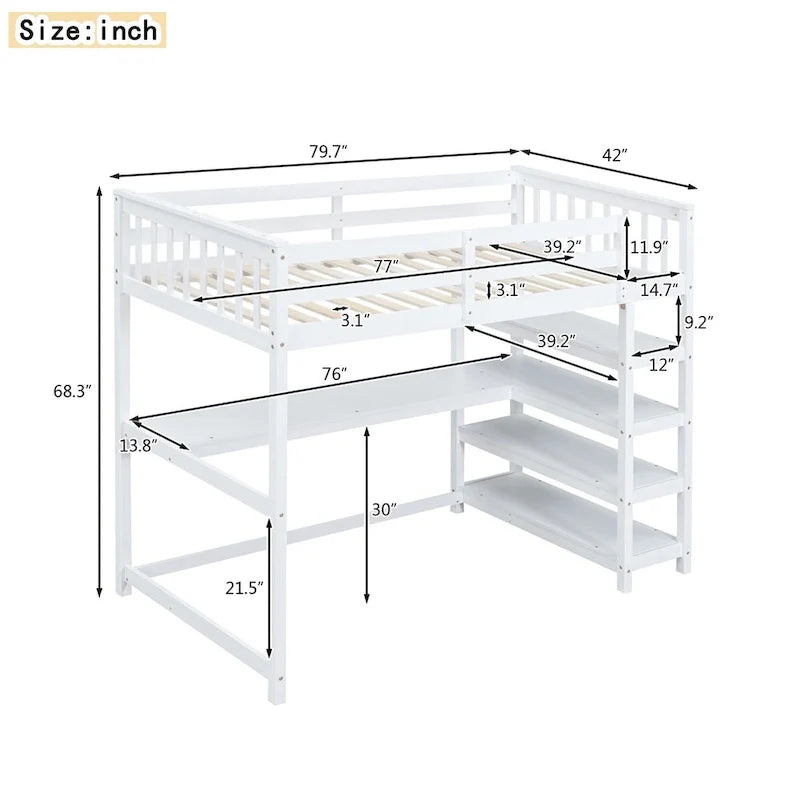 Lit mezzanine en pin, taille jumeau, avec étagères de rangement et bureau intégré.