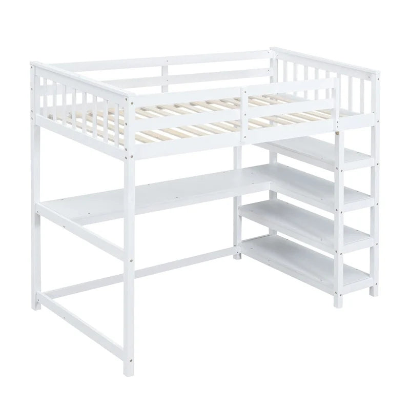Lit mezzanine en pin, taille jumeau, avec étagères de rangement et bureau intégré.