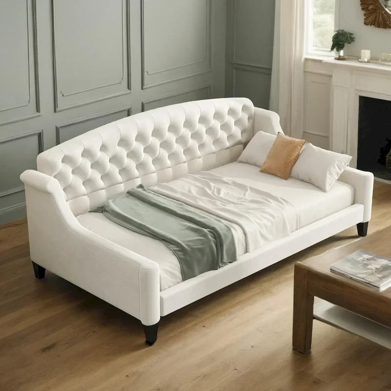 Lit de repos capitonné de luxe moderne pleine grandeur, conception multifonctionnelle, aucun sommier tapissier requis