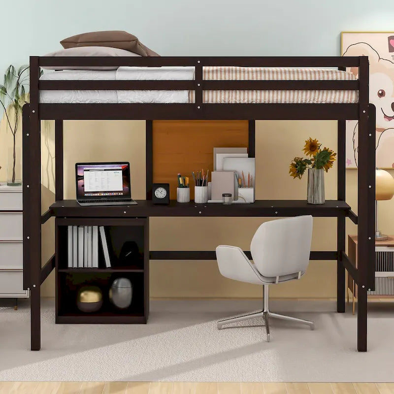 Wooden Twin Loft Bed with Desk