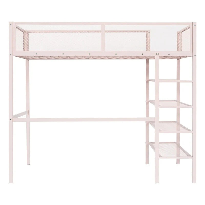 Lit mezzanine en métal pour lits jumeaux avec étagères à 4 niveaux et rangement