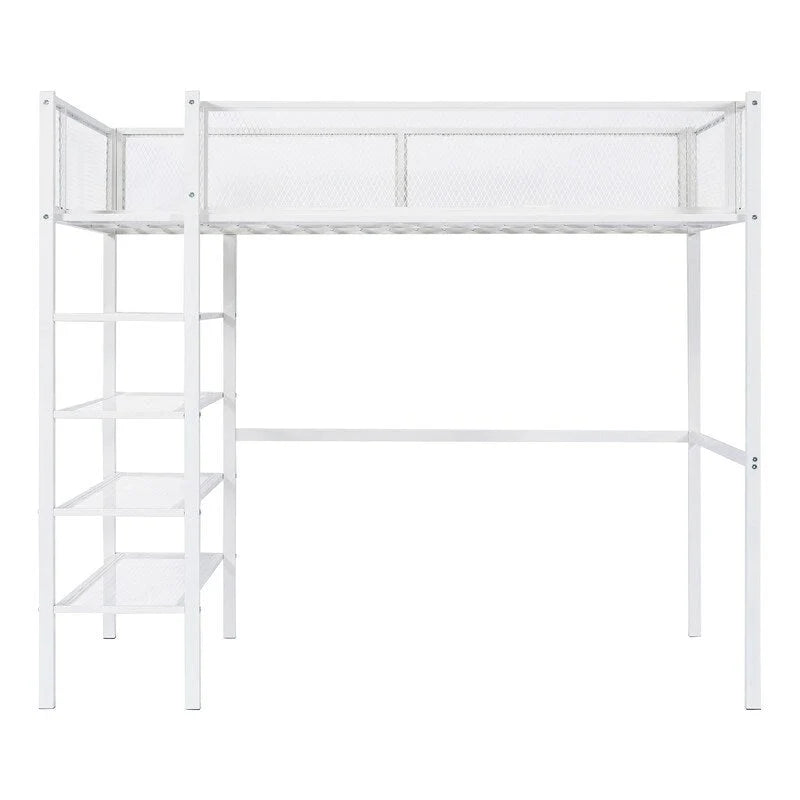 Lit mezzanine en métal pour lits jumeaux avec étagères à 4 niveaux et rangement