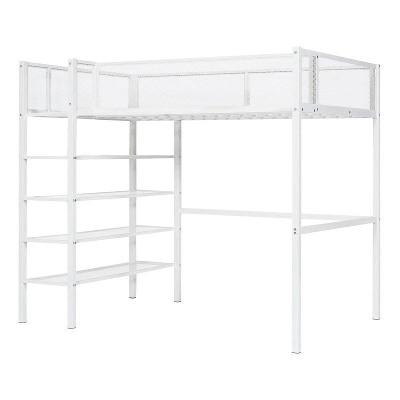 Lit mezzanine en métal pour lits jumeaux avec étagères à 4 niveaux et rangement