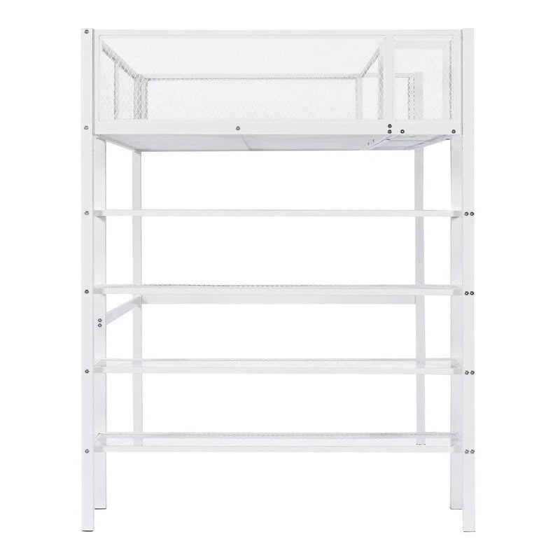 Lit mezzanine en métal pour lits jumeaux avec étagères à 4 niveaux et rangement