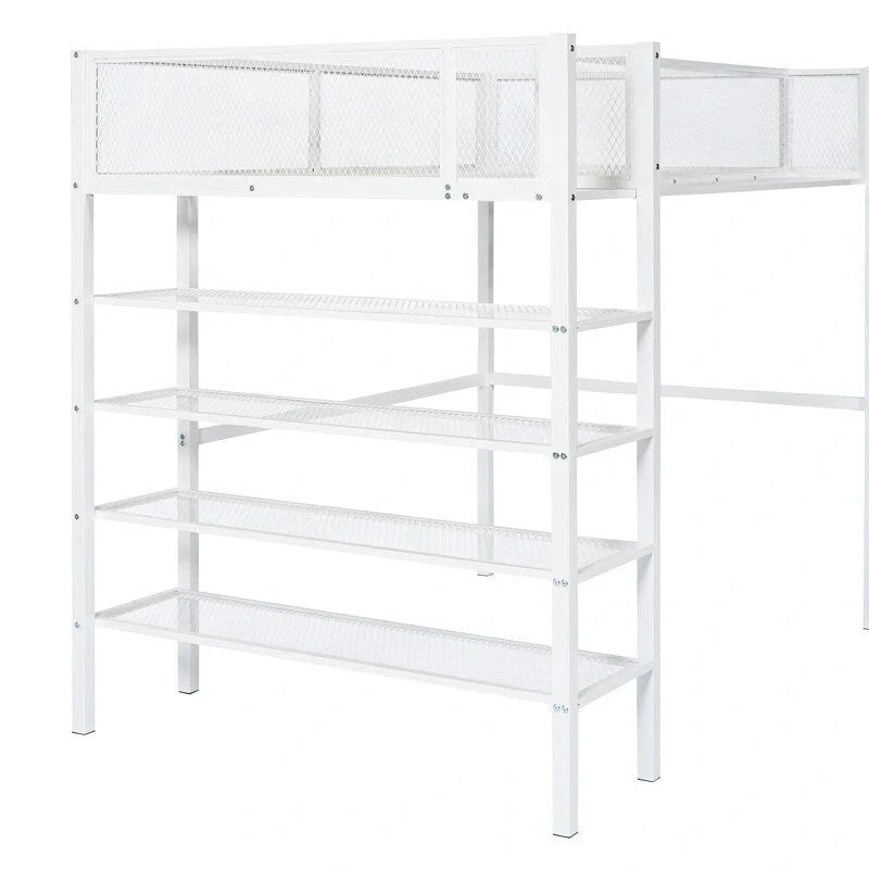 Lit mezzanine en métal pour lits jumeaux avec étagères à 4 niveaux et rangement
