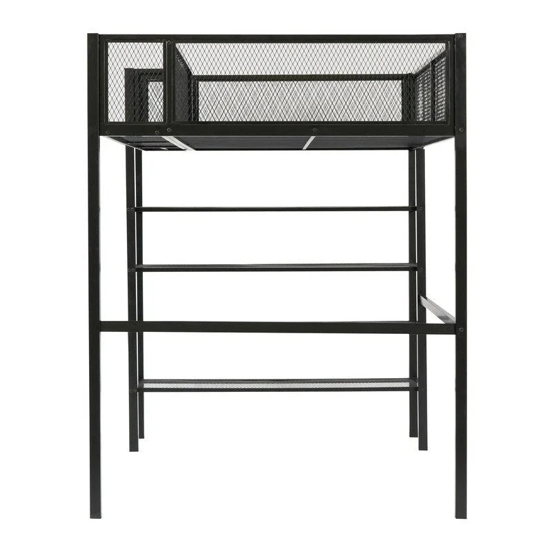 Lit mezzanine en métal pour lits jumeaux avec étagères à 4 niveaux et rangement