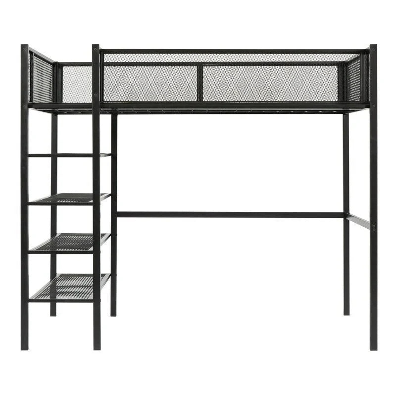 Lit mezzanine en métal pour lits jumeaux avec étagères à 4 niveaux et rangement
