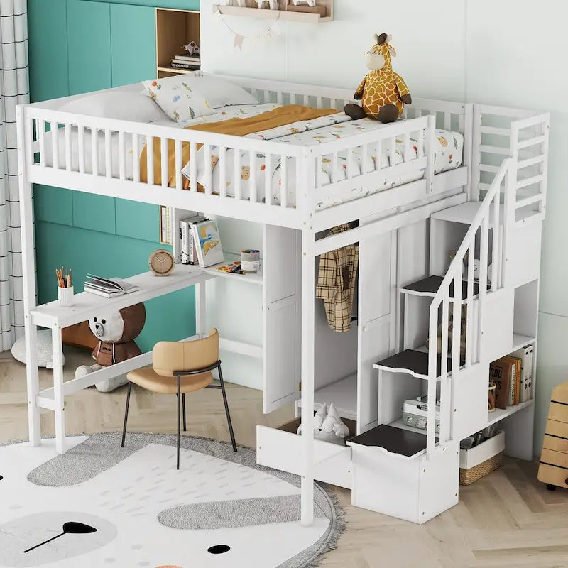Lit mezzanine complet avec escalier, armoire, bureau, étagère et tiroirs