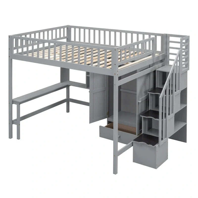 Lit mezzanine complet avec escalier, armoire, bureau, étagère et tiroirs