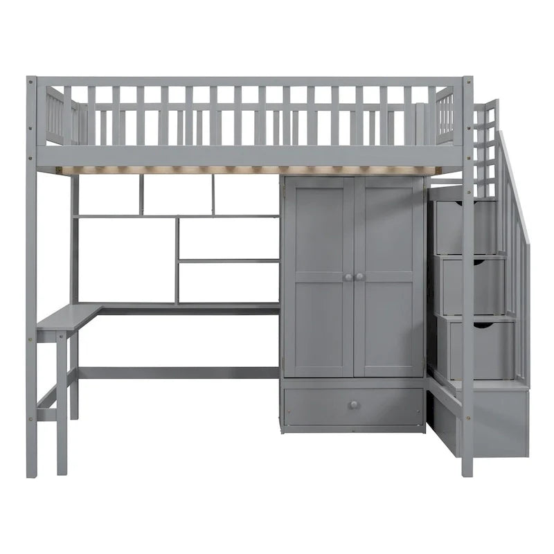 Lit mezzanine complet avec escalier, armoire, bureau, étagère et tiroirs