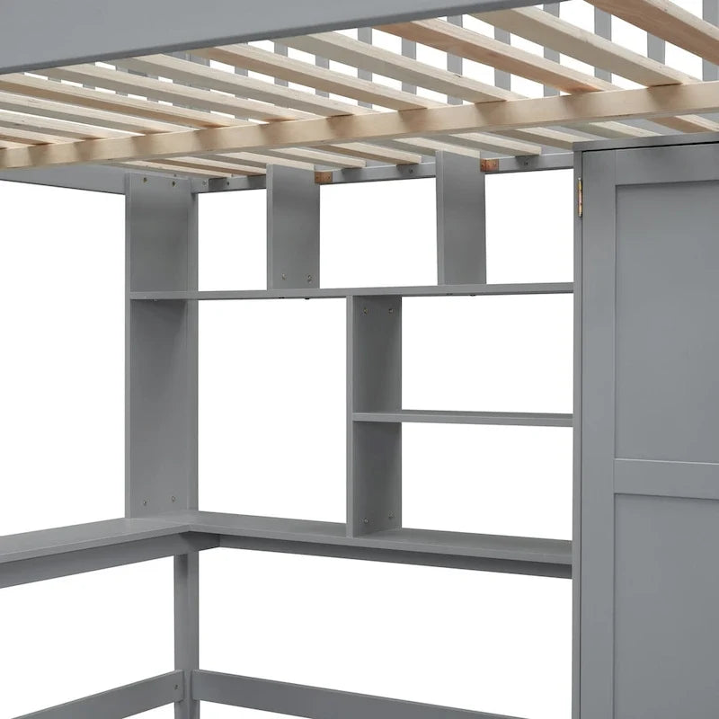 Lit mezzanine complet avec escalier, armoire, bureau, étagère et tiroirs