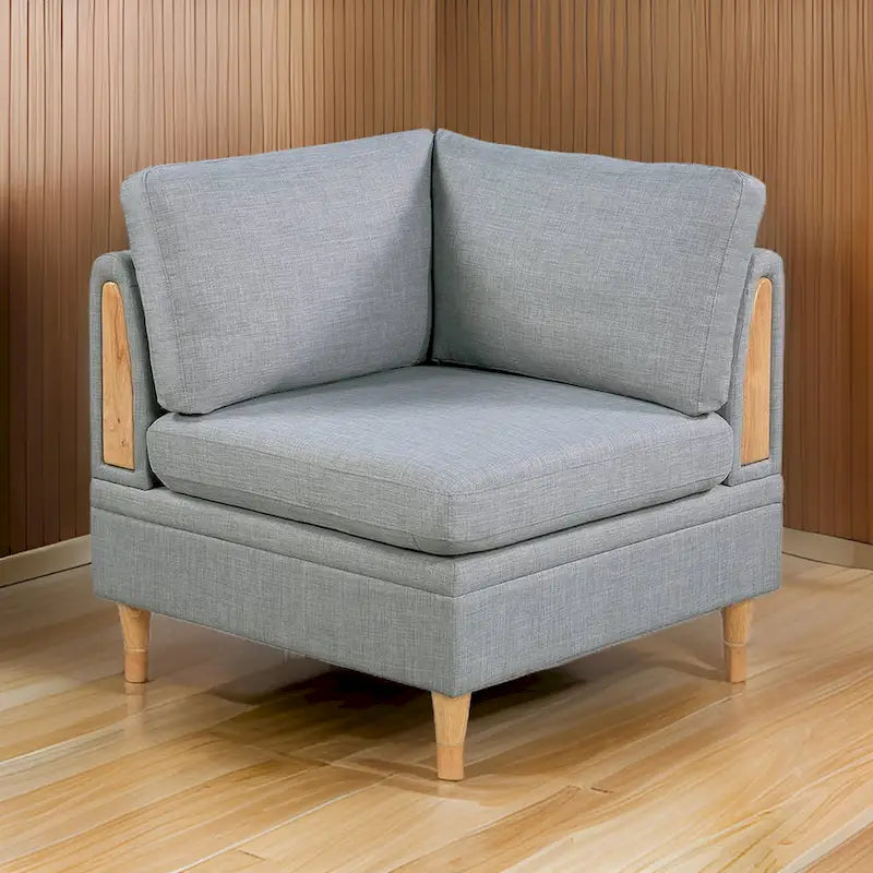 Gimy 37 Inch Modular Corner Sofa Chair, Light Gray Dorris Fabric, Wood