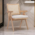 Fauteuil Isha 61 cm, dossier en canne, velours blanc cassé, cadre en bois marron