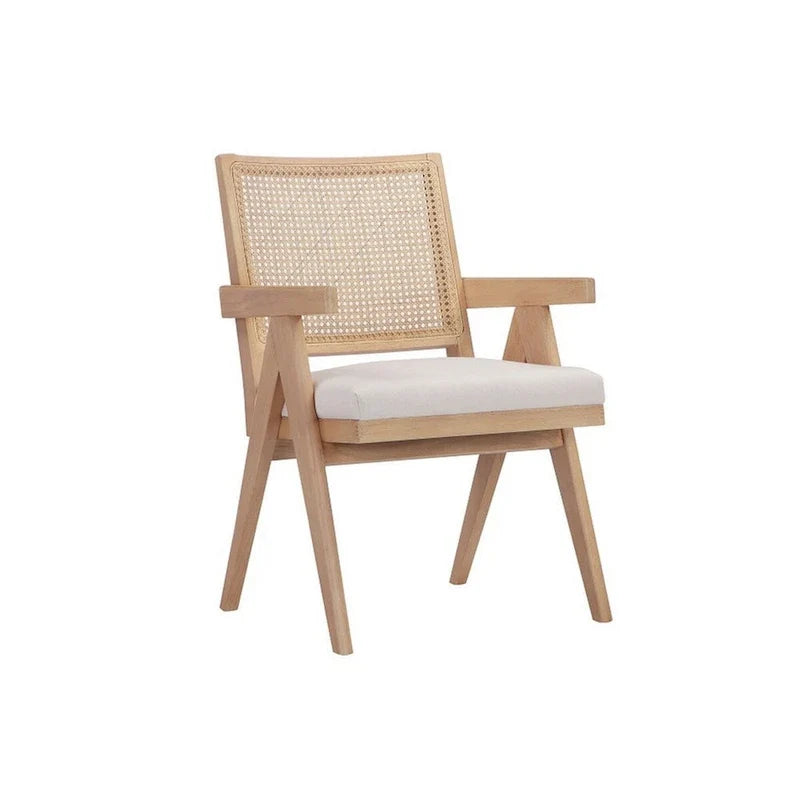 Fauteuil Isha 61 cm, dossier en canne, velours blanc cassé, cadre en bois marron