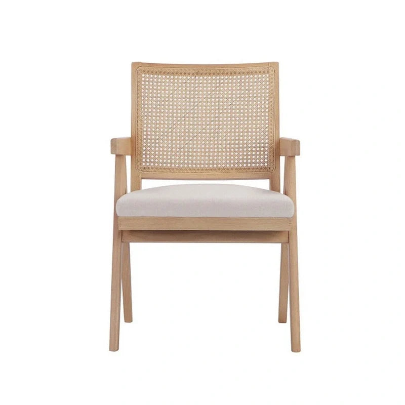 Fauteuil Isha 61 cm, dossier en canne, velours blanc cassé, cadre en bois marron