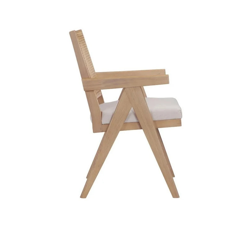 Fauteuil Isha 61 cm, dossier en canne, velours blanc cassé, cadre en bois marron