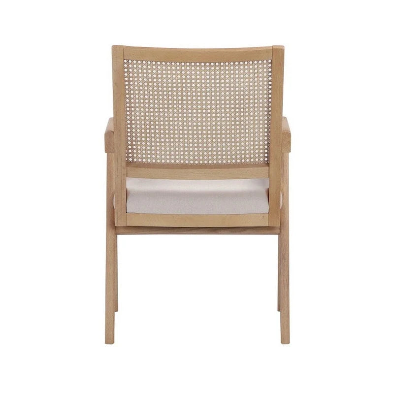 Fauteuil Isha 61 cm, dossier en canne, velours blanc cassé, cadre en bois marron