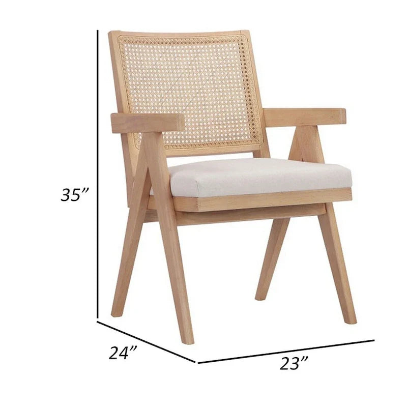 Fauteuil Isha 61 cm, dossier en canne, velours blanc cassé, cadre en bois marron