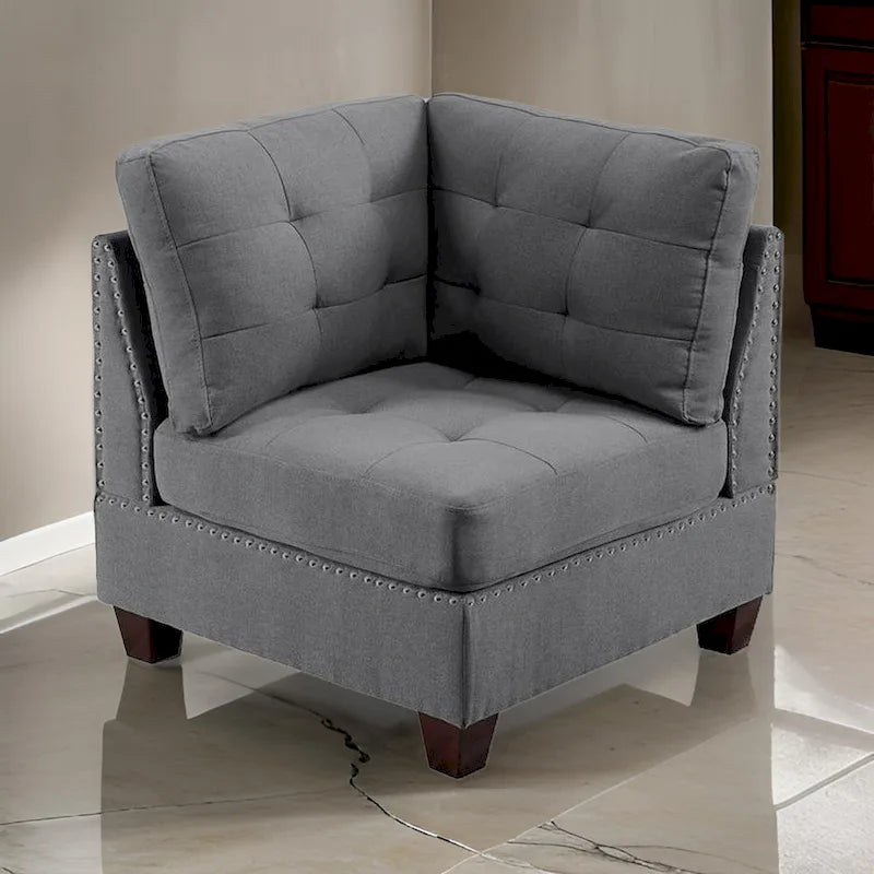 Lemy 32 Inch Modular Corner Sofa Chair, Tufted Gray Upholstery, Solid Wood
