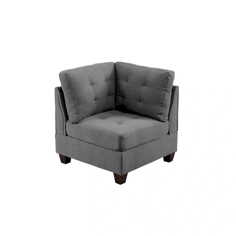 Lemy 32 Inch Modular Corner Sofa Chair, Tufted Gray Upholstery, Solid Wood