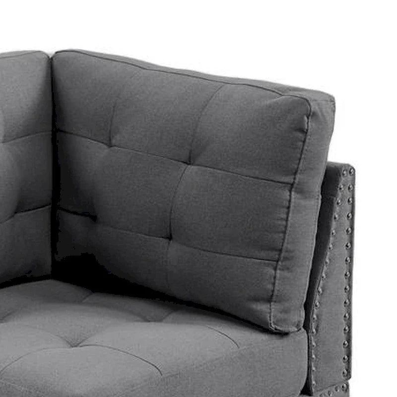 Lemy 32 Inch Modular Corner Sofa Chair, Tufted Gray Upholstery, Solid Wood