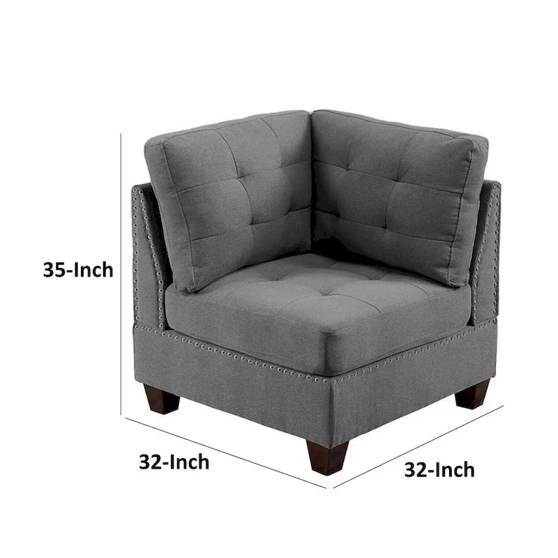 Lemy 32 Inch Modular Corner Sofa Chair, Tufted Gray Upholstery, Solid Wood