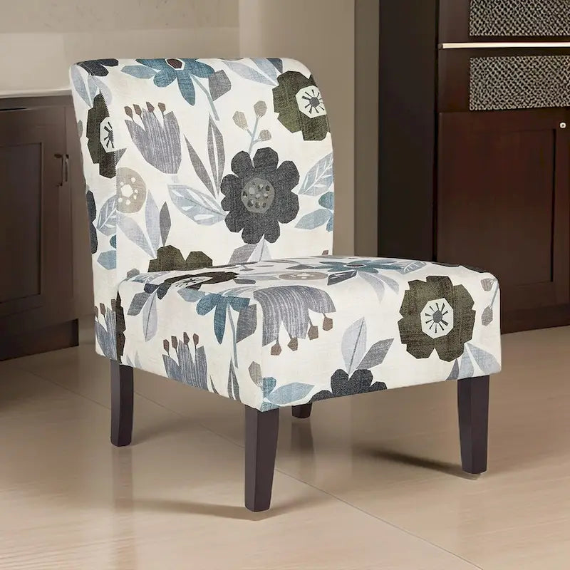 Fauteuil d'appoint Rima, coussin en polyester à motif floral gris ivoire, bois noir