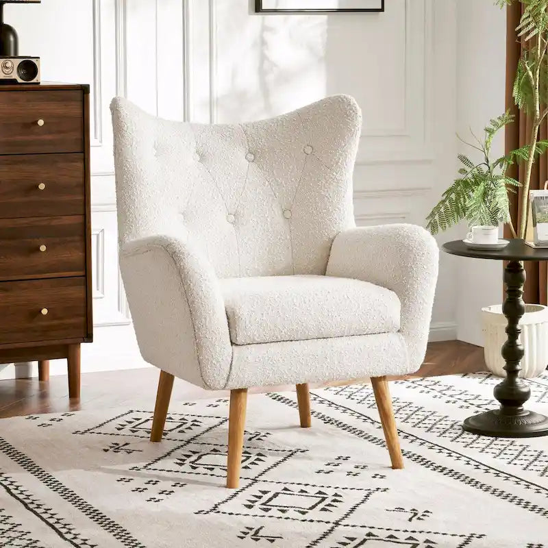 Fauteuil d'appoint moderne en tissu avec dossier à oreilles et pieds en bois