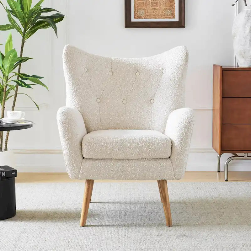 Fauteuil d'appoint moderne en tissu avec dossier à oreilles et pieds en bois