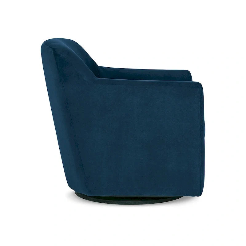 Leena Swivel Accent Chair, Blue Velvet, Shelter Style Arms, Black Wood