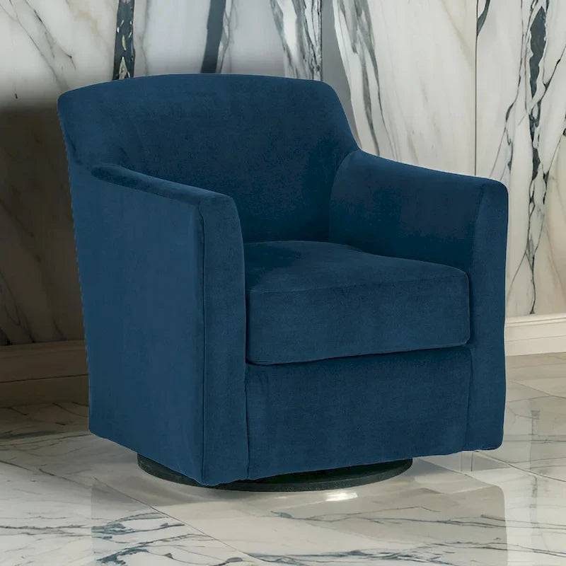 Leena Swivel Accent Chair, Blue Velvet, Shelter Style Arms, Black Wood