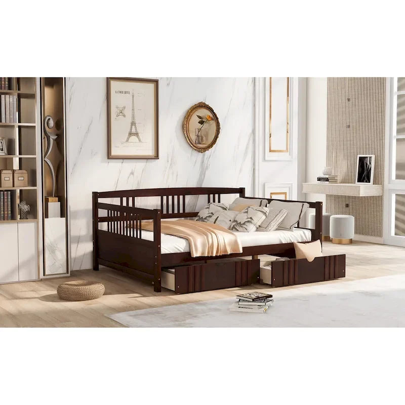 Full Size Wood Daybed, Sofa Bed, Equipped with Wooden Handrails and Two Drawers