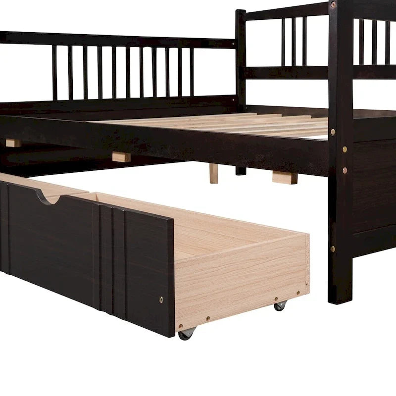 Full Size Wood Daybed, Sofa Bed, Equipped with Wooden Handrails and Two Drawers
