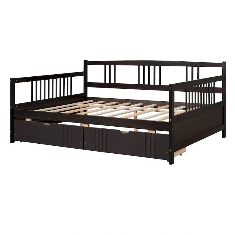 Full Size Wood Daybed, Sofa Bed, Equipped with Wooden Handrails and Two Drawers