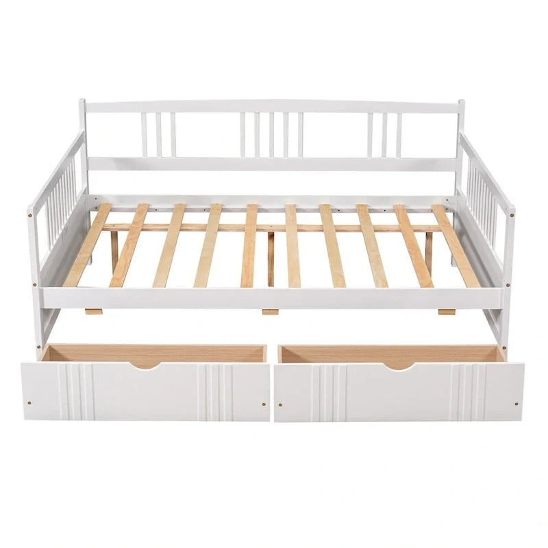 Full Size Wood Daybed, Sofa Bed, Equipped with Wooden Handrails and Two Drawers