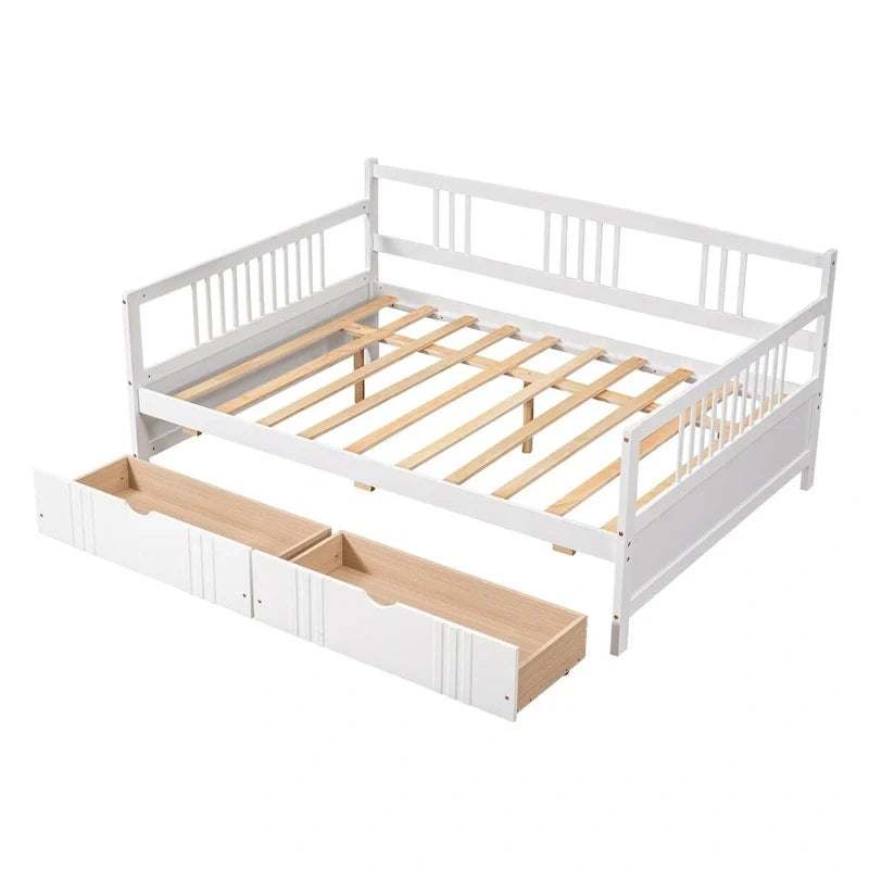 Full Size Wood Daybed, Sofa Bed, Equipped with Wooden Handrails and Two Drawers