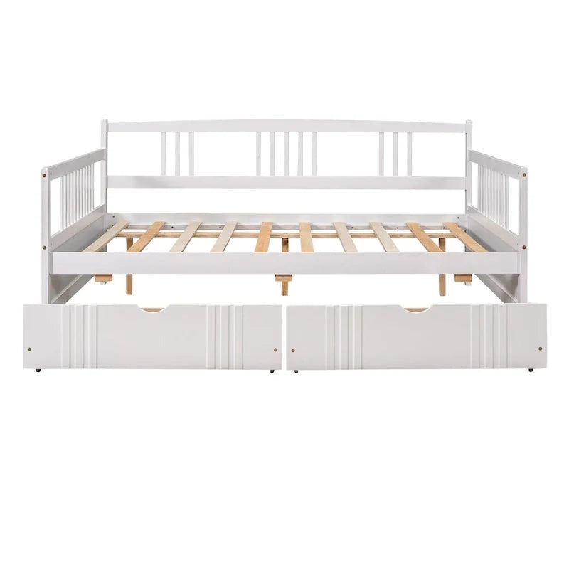 Full Size Wood Daybed, Sofa Bed, Equipped with Wooden Handrails and Two Drawers