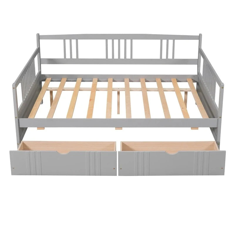 Full Size Wood Daybed, Sofa Bed, Equipped with Wooden Handrails and Two Drawers