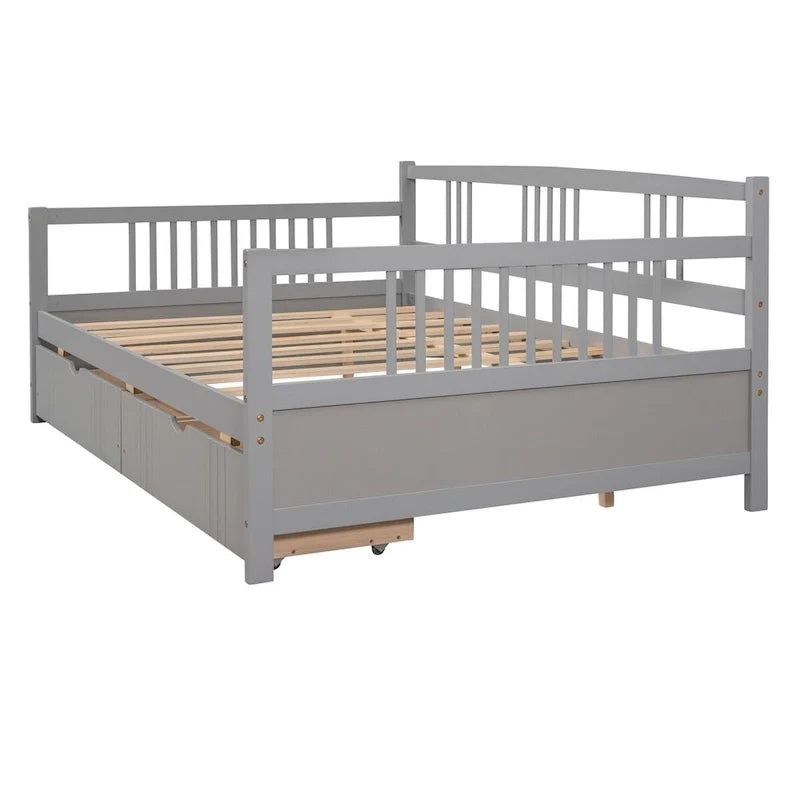 Full Size Wood Daybed, Sofa Bed, Equipped with Wooden Handrails and Two Drawers