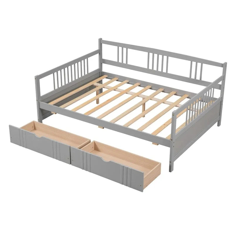 Full Size Wood Daybed, Sofa Bed, Equipped with Wooden Handrails and Two Drawers