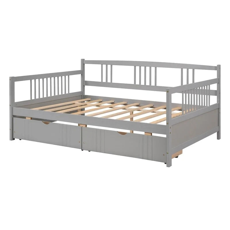 Full Size Wood Daybed, Sofa Bed, Equipped with Wooden Handrails and Two Drawers
