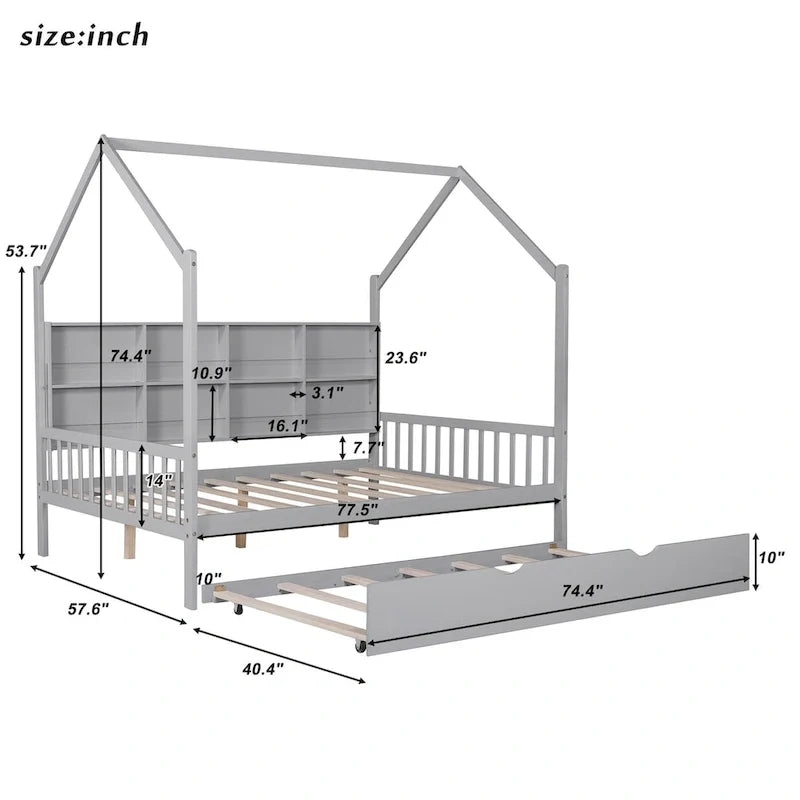 Full Solid Wood House Day Bed with Trundle