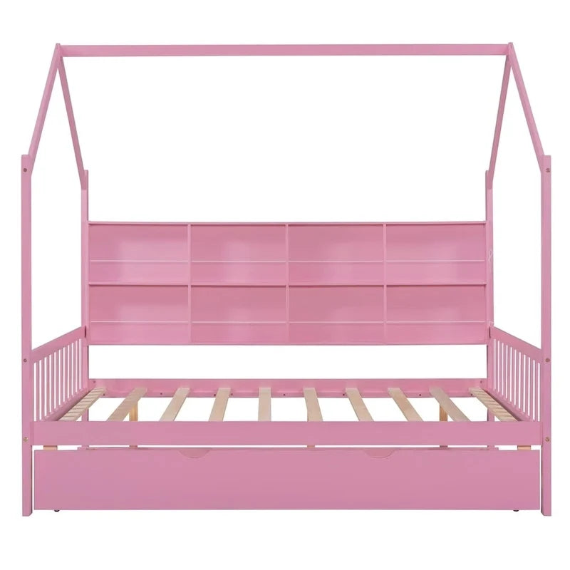 Full Solid Wood House Day Bed with Trundle